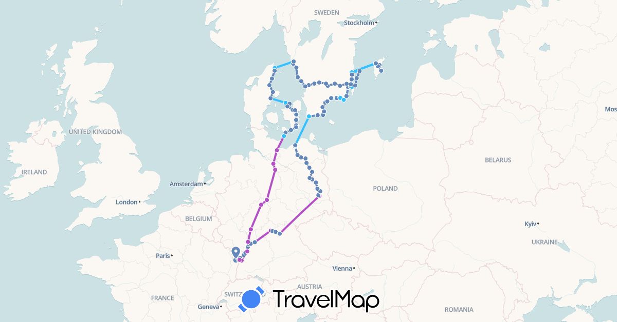 TravelMap itinerary: driving, cycling, train, boat in Germany, Denmark, France, Sweden (Europe)